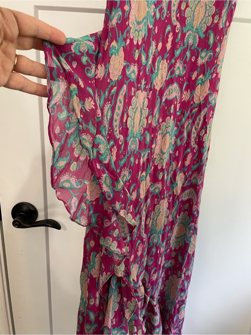 Y2K Ralph Lauren Paisley Silk Chiffon Ruffle Midi Dress Spaghetti Strap - Picture 5 of 12